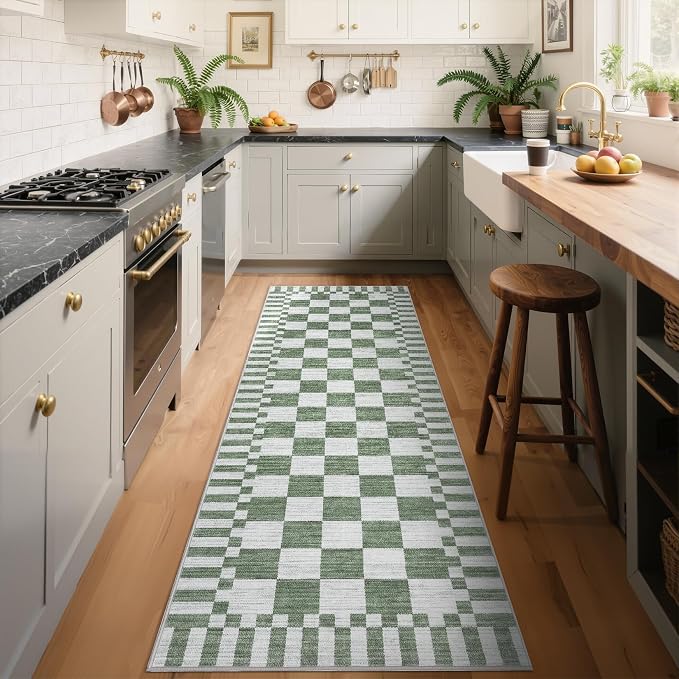 GarveeHome 2×12 Kitchen Runner Rug Non Slip, Sage Green Checkered Rug, Washable by GarveeHome
