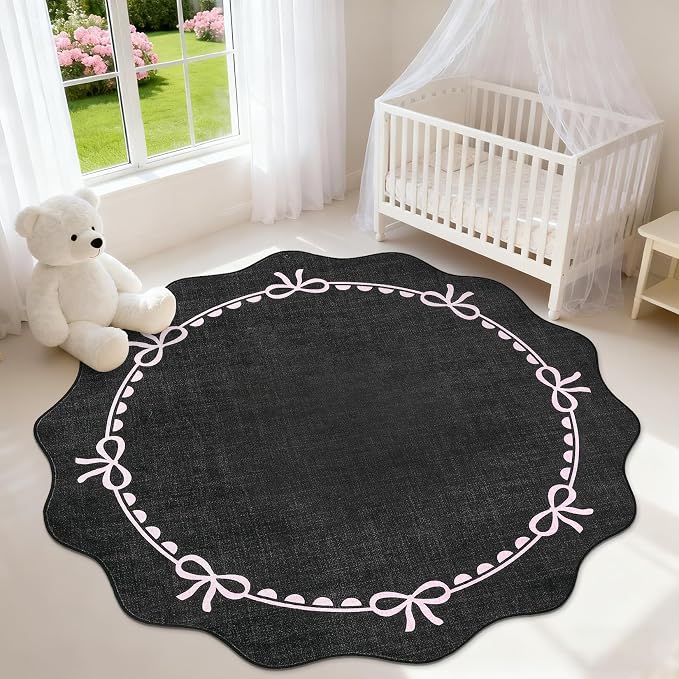 GarveeHome Scalloped Bow Rug for Living Room, 4ft Round Rugs Washable Solid Rug - Image 3