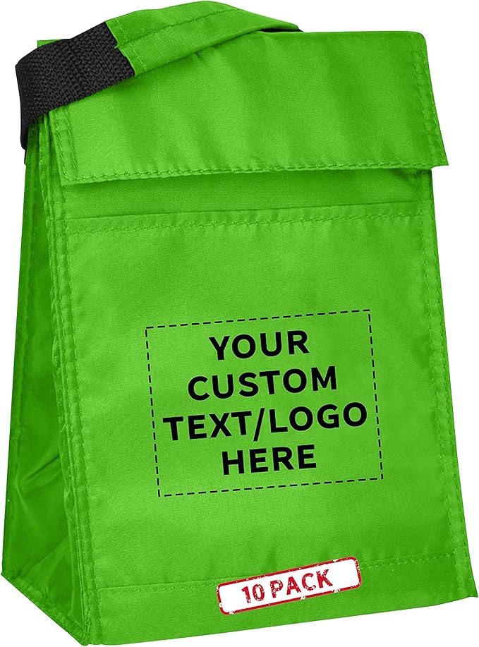 DISCOUNT PROMOS 10 Hook and Loop Insulated Lunch Bags Set - Customizable Text, Logo - Polyester, Durable, Vibrant, Reusable - Green