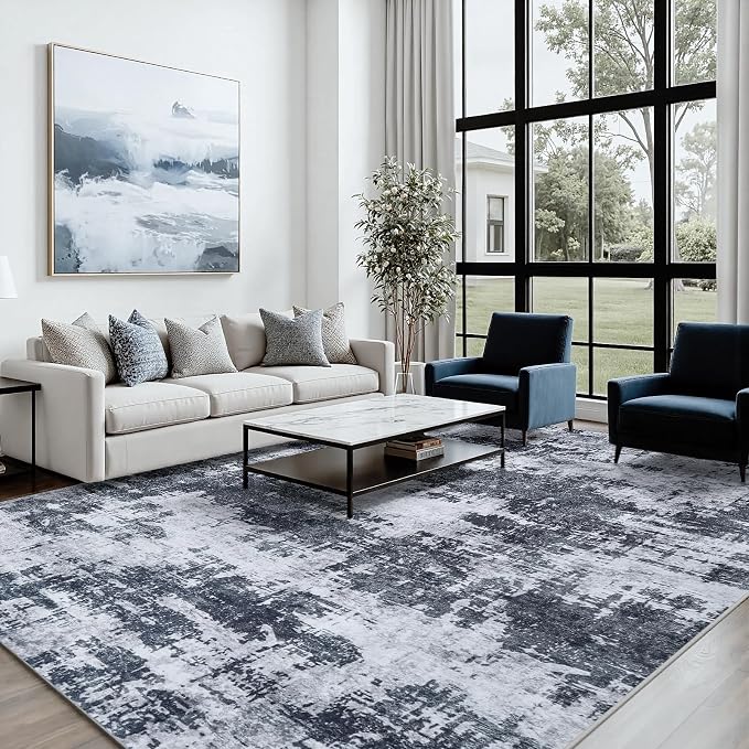 10x14 Area Rugs for Living Room Washable: Abstract Soft Thin Low Pile Black Rug - Image 7