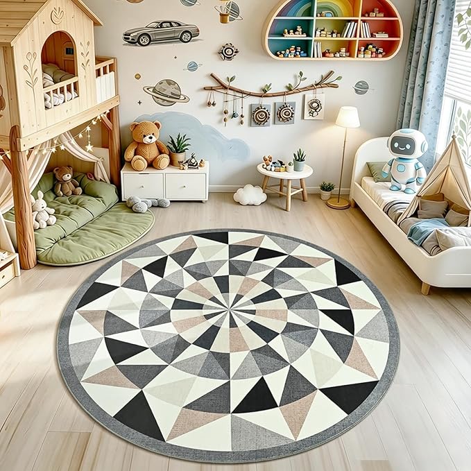 Terrug Grey and Beige Geometric Round Rug 4ft by TerrugHomeDecor