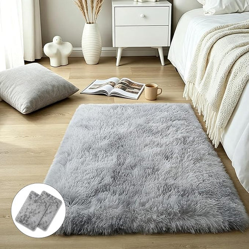2x3 Fluffy Shag Light Grey Rug for Bedroom, Soft Fuzzy Plush Washable Non Slip by KICHOWUA