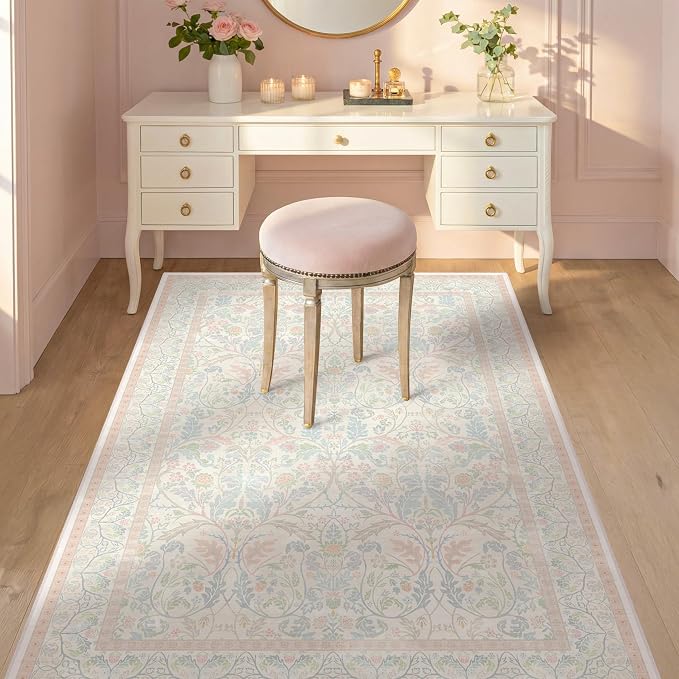 Cottagecore Floral 4x6 Pink and Blue Girls Vanity Rug by Evyhood