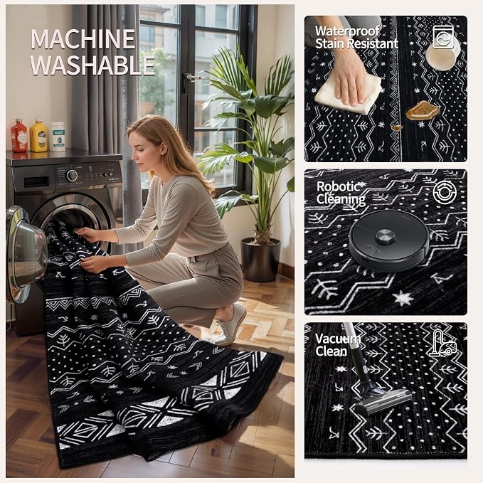 SERISSA 9x12 Area Rugs for Living Room, Washable Non-Slip Black and White Boho - Image 3