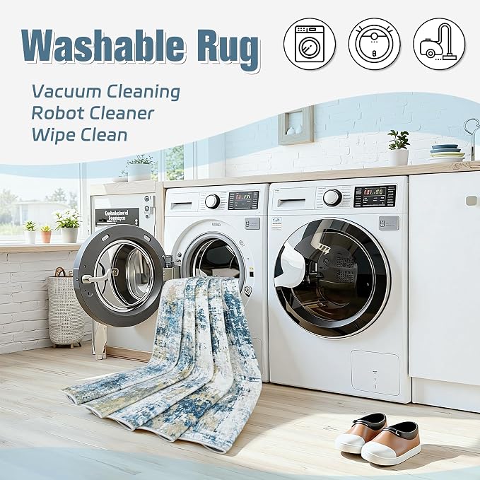 Area Rug 9x12 Living Room Rug Washable: No-Slip Abstract Soft Thin Large Blue - Image 3