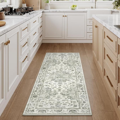 2x5 Washable Neutral Runner Rug Green Vintage Hallway Kitchen Carpet Non-Slip - Image 2