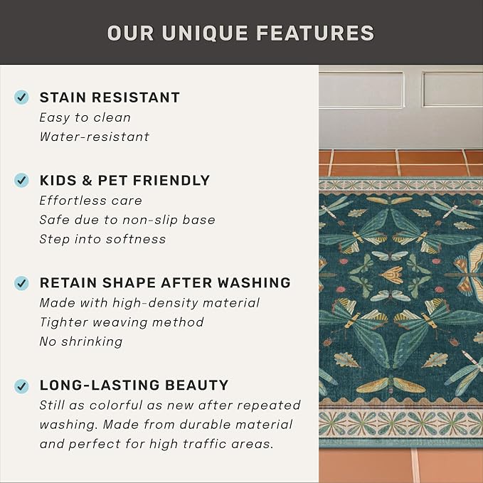 Teal Boho 4ft Round Area Rug, Washable Non Slip Insect & Floral Carpet - Image 6