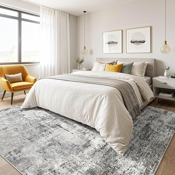 Area Rugs 9x12 Living Room: Washable Large Abstract Neutral Modern Soft Gray - Image 4