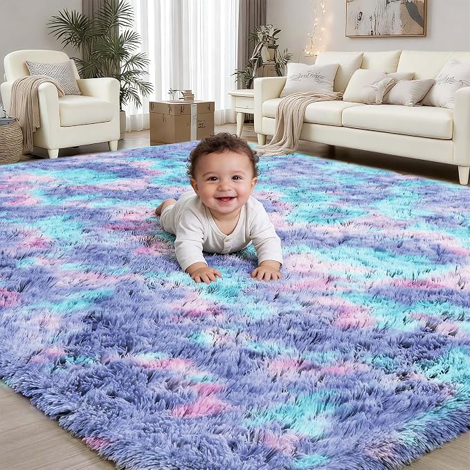 Rainbow Fluffy Rugs for Girls Bedroom: 9x12 Large Shag High Pile Area Rug by PLHXFRSoftAreaRugs
