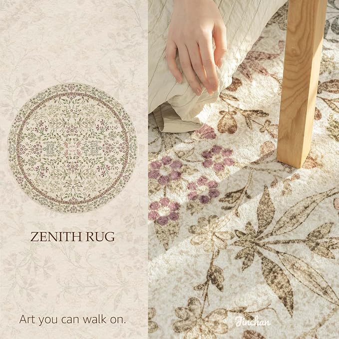 jinchan Zenith Round Rug 8ft Area Rug Soft 8'Round Vintage Floral Rug Non-Slip - Image 2