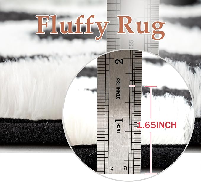 PureCozy Checkered Rug 8x10 Fluffy Shag Living Room Black and White Area Rug - Image 2