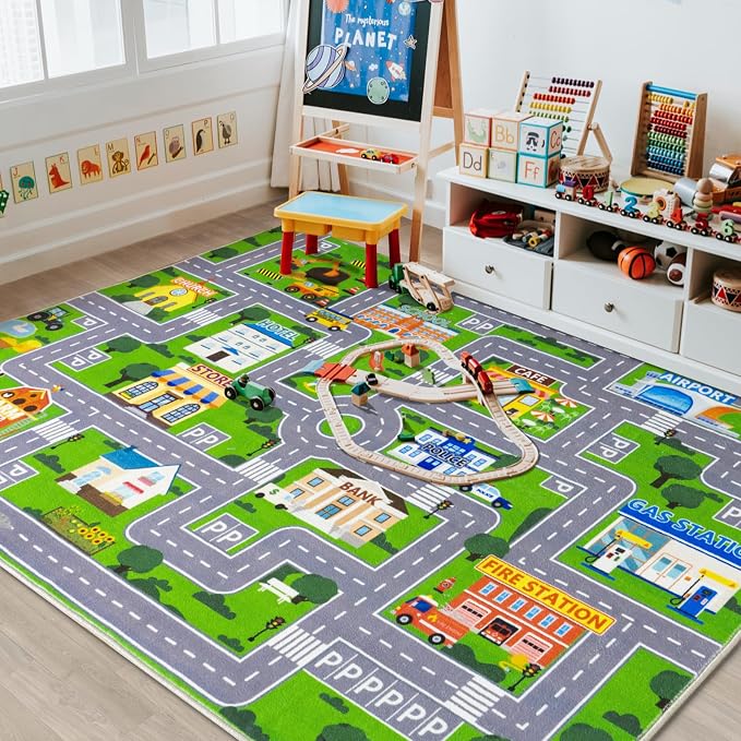 Car Rug Play Mat for Kids Toy Cars, City Road Traffic Playmat for Kid Bedroom - Image 4
