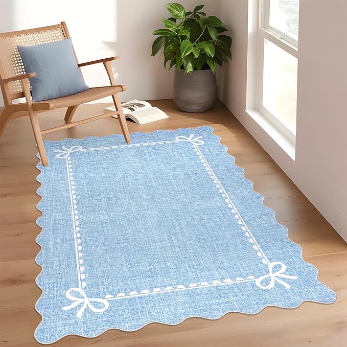 GarveeHome Scalloped Bow Rug for Living Room, Solid Blue Rug for Dorm, Washable by GarveeHome