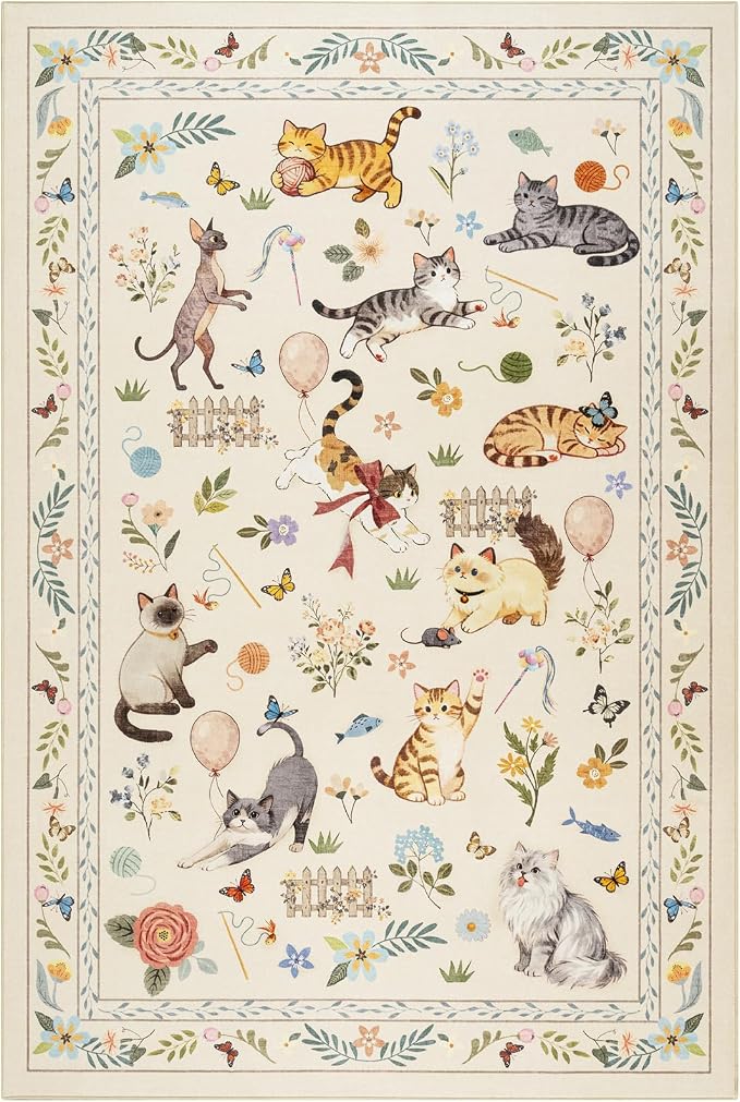 Unirea 9x12 Beige Cat Area Rug for Living Room, Large Soft Washable Kids Rug - Image 2
