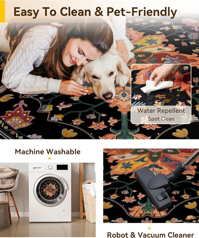 RELEANY Area Rugs Round 8ft Washable Non-Slip, Floral Vintage Distress - Image 5