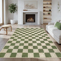 Washable Green Checkered Rug 5x7, Non-Slip Low Pile Area Rug by KiginaraArt