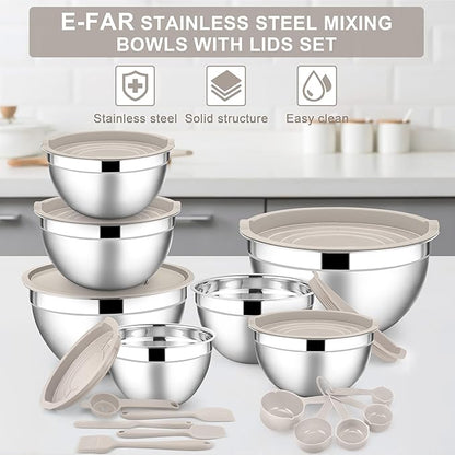 E-far Mixing Bowls with Lids Set, Size 7, Nesting Design & Khaki Airtight Lid - Image 7