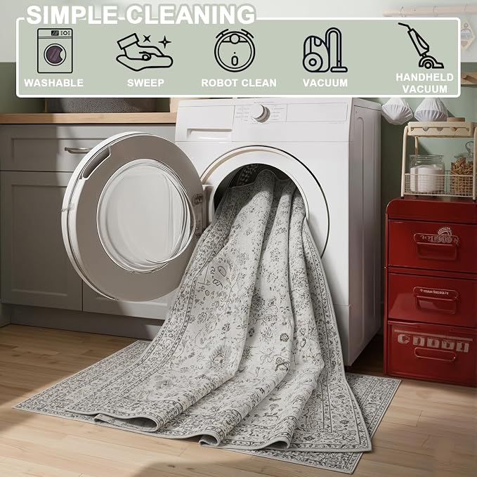 Floral Machine Washable Rug Grey White, 3x5 Rug Non Slip Soft Bedroom Rugs - Image 3