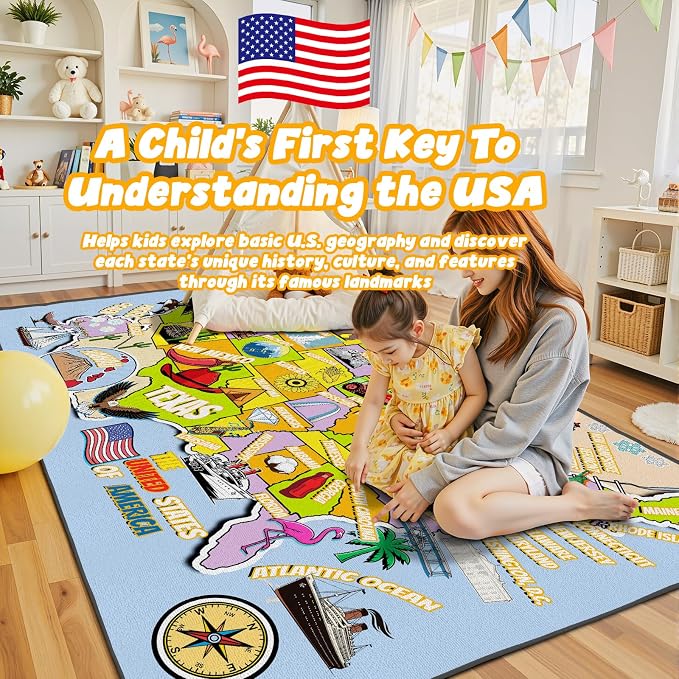 Educational USA Map Area Rug 4x6, Playroom Bedroom Classroom Rug - Image 3