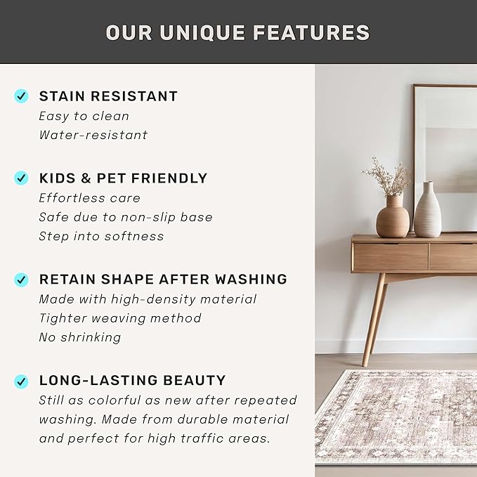 Hazo Haus Washable Neutral Farmhouse Living Room Rug, 5x8 Area Rugs - Image 7