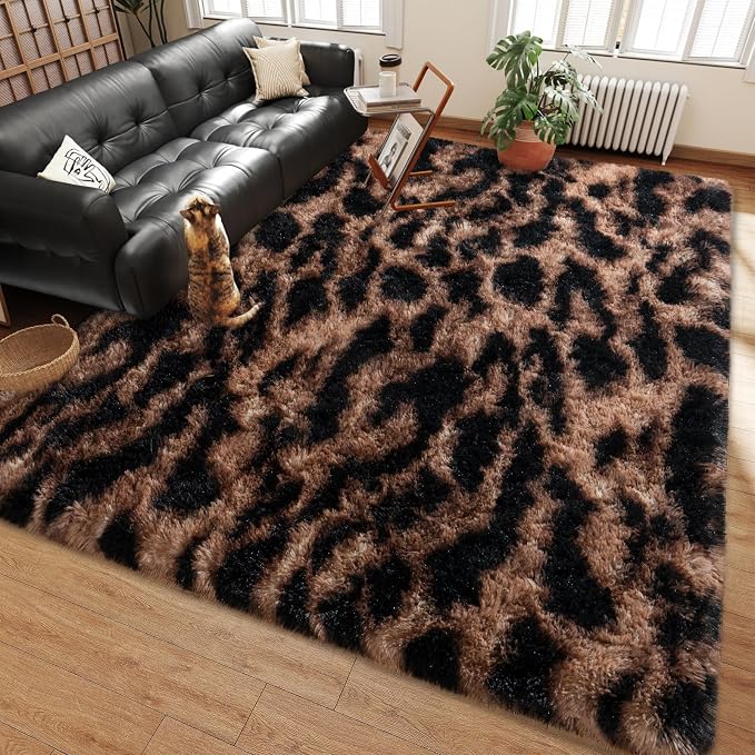 Shag Rugs for Bedroom, 4x6 Tie-Dyed Brown Leopard Soft Fuzzy Rugs for Living by Ailyei