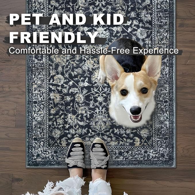 KILOCOCO Area Rug 4x6 Entryway Rug Washable Printed Vintage Floral Rubber - Image 8