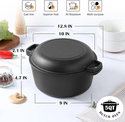 E-far 5QT Dutch Oven for Bread Baking, 2-IN-1 Cast Iron Pot - Image 2