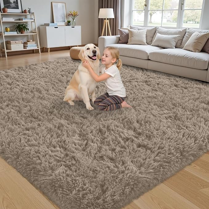 8x10 Area Rug for Living Room:Ultra Soft Fluffy Shag Grey Camel Rugs, Large - Image 3
