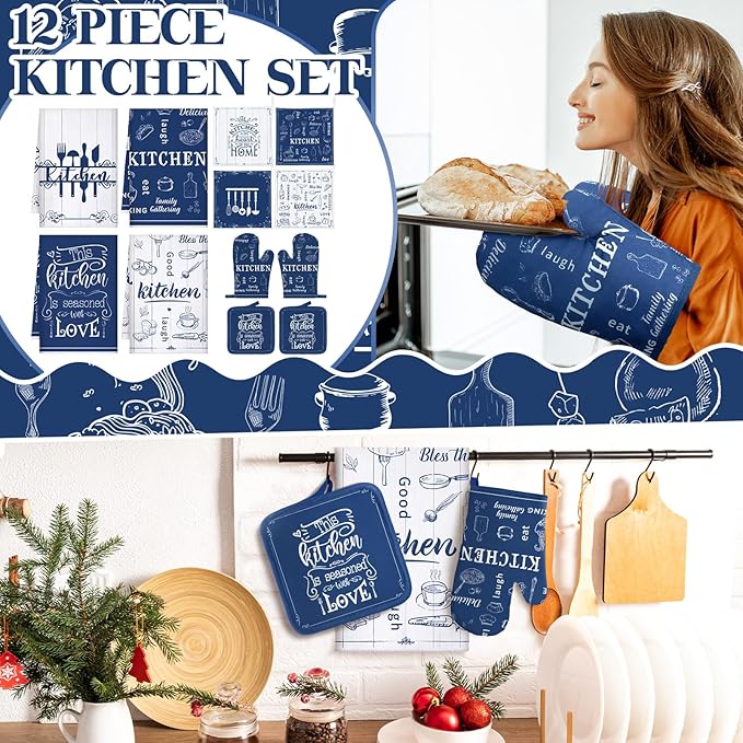 12 Pcs Farmhouse Kitchen Oven Mitts and Pot Holders Decor Sets 4 Blue Kitchen - Image 2