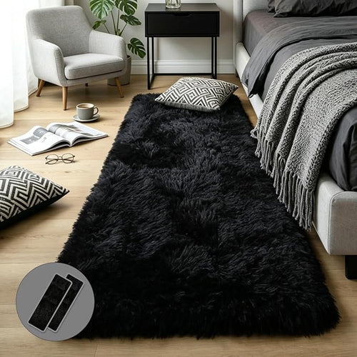 2x6 Black Fluffy Shag Rug for Bedroom, Soft Plush Fuzzy Washable Non Slip Floor by KICHOWUA