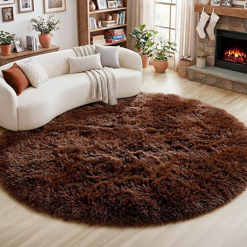 Amdrebio Dark Brown Rug 4Ft for Bedroom, Round Fluffy Shag Plush Area Rugs for by Amdrebio