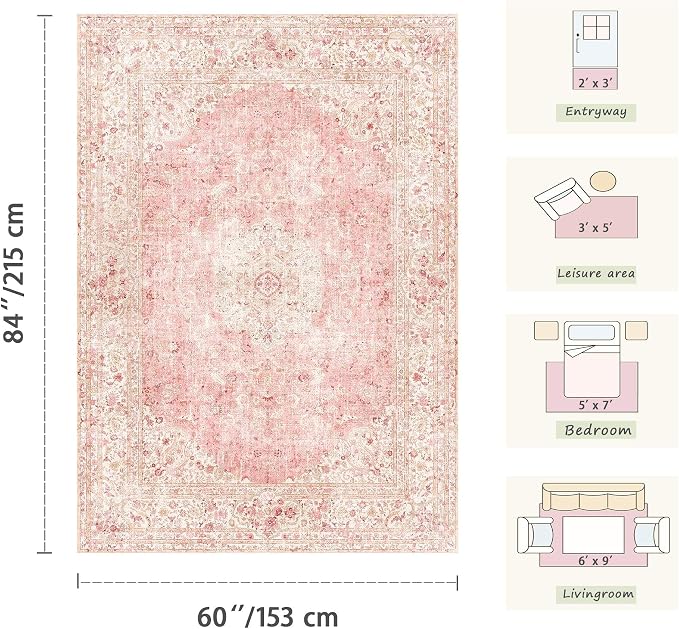 Latte&Fog Washable Pink Rug, Vintage 5x7 Area Rugs - Image 2