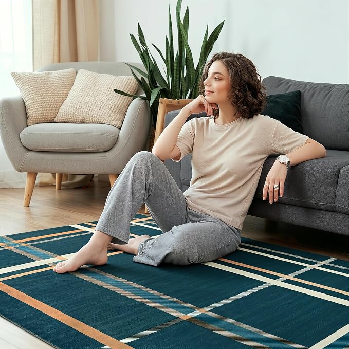 Terrug Plaid Area Rug for Living Room, Soft Low Pile Stain Resistance Abstract - Image 4