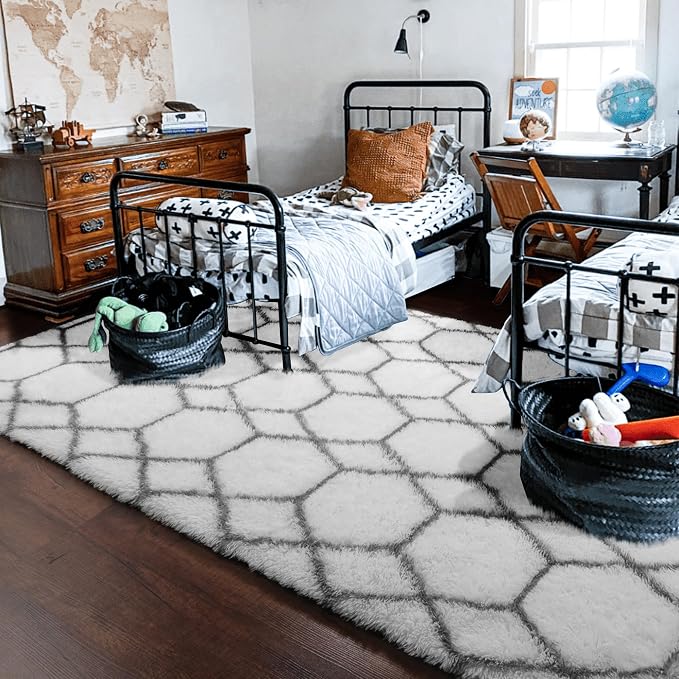 ONASAR 5x7 Area Rugs for Living Room Bedroom, Fluffy White and Grey Throw Rug - Image 9