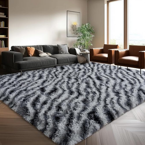8x10 Large Area Rugs for Living Room, Soft Black White Zebra Big Shag Rug for by WISHTREE