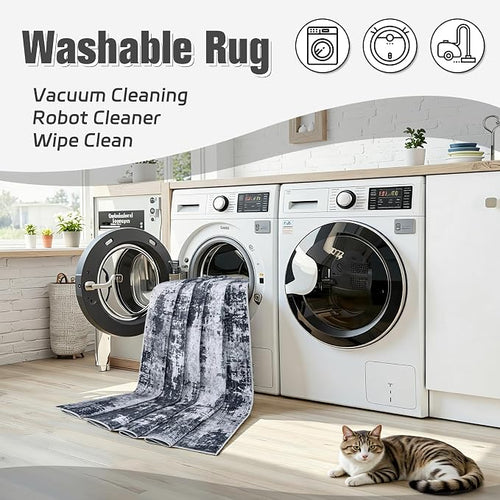 10x12 Area Rugs for Living Room Washable: Abstract Soft Thin Low Pile Black Rug - Image 2