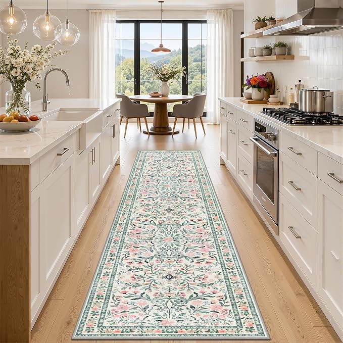 Runner Rug for Entryway: 3x10 Kitchen Rugs Floral Washable Rug Green/Beige | by PLHXFRSoftAreaRugs