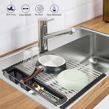 Roll Up Dish Drying Rack, Expandable Over The Sink Dish Drainer, Stainless - Image 4
