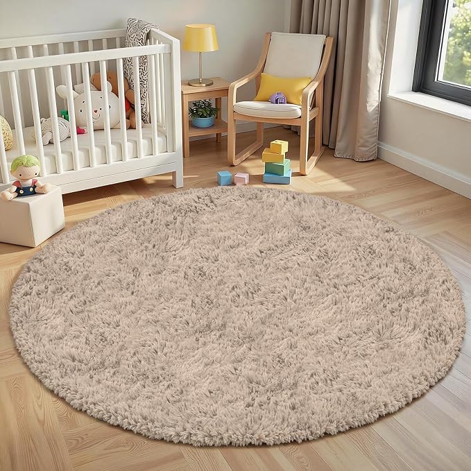 Beige Round Fluffy Rug 6ft, Soft Bedroom Circle Rugs Mats by Unknown
