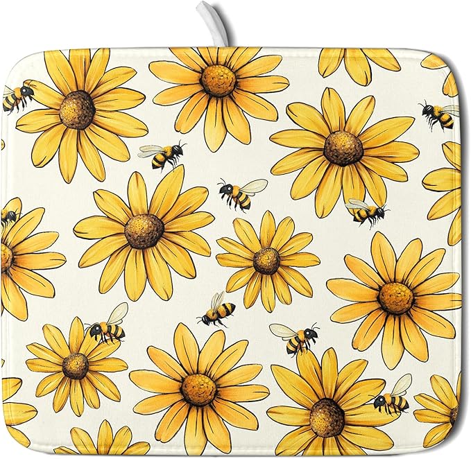 Spring Summer Sunflower Bee Dish Drying Mat of Kitchen Counter 16×18 Inch by Unknown