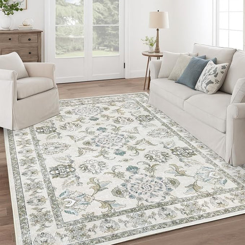 9x12 Washable Area Rugs Beige and Sage Green Vintage Boho Floral Farmhouse Rug by Dotiiorug
