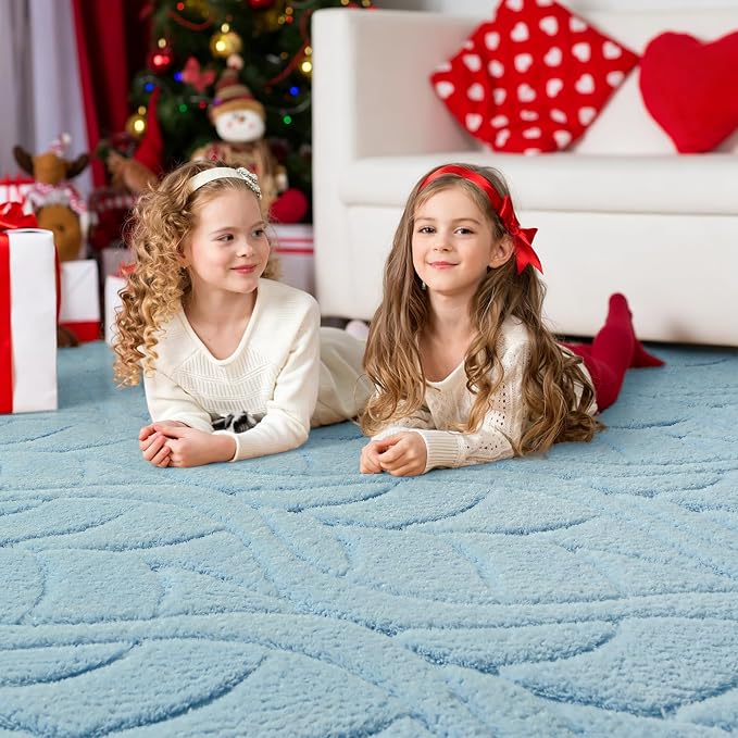 3x5 Blue Washable Area Rug for Bedroom, Leaf Geometric Patter Shag Non-Slip - Image 3