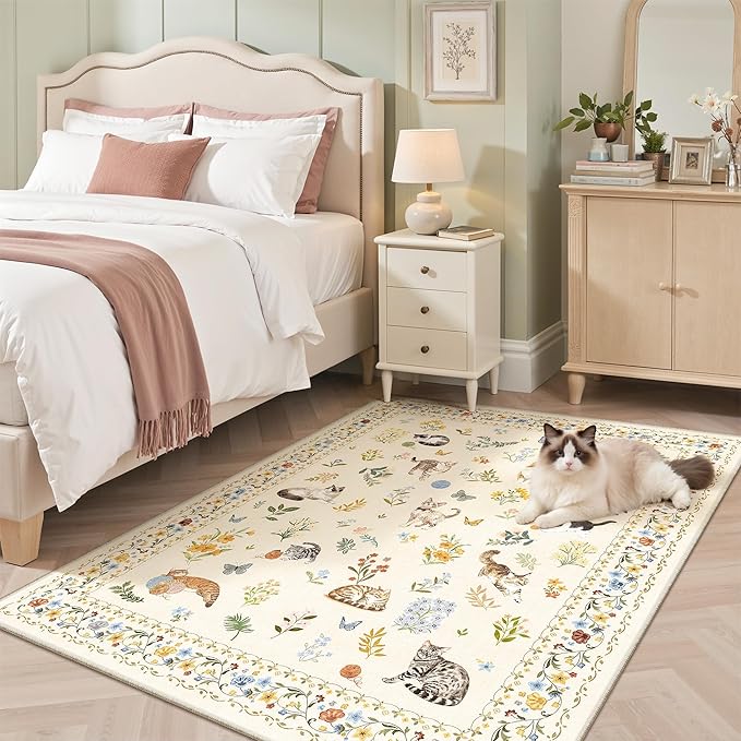 Soalmost Cat 3x5 Area Rugs for Entryway, Machine Washable Animal Floral Accent - Image 3