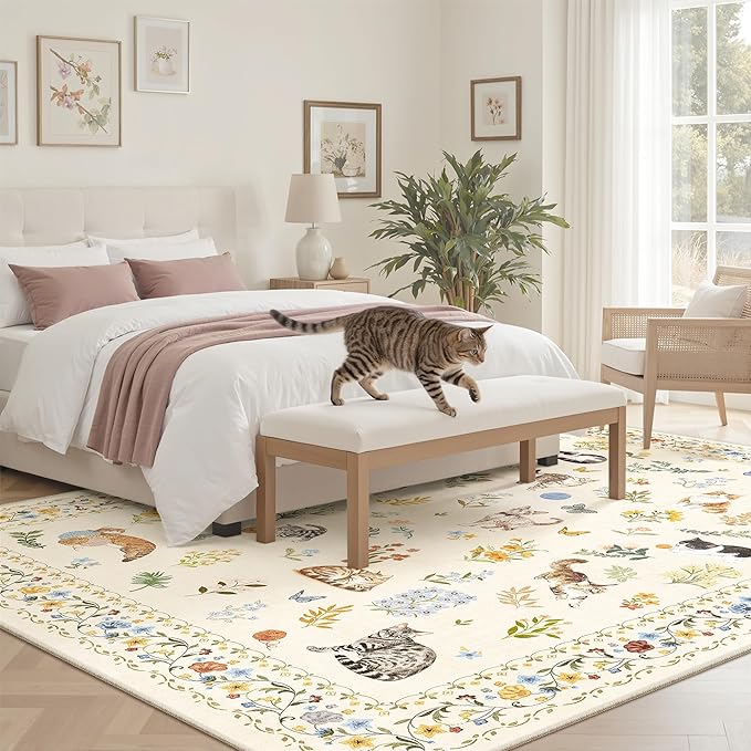 Soalmost Cat 5x7 Area Rugs for Living Room, Machine Washable Animal Floral - Image 3