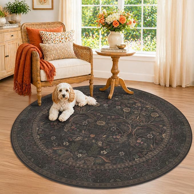5ft Round Small Living Room Area Rug Washable, Moody Cottagecore Floral Circle by Evyhood