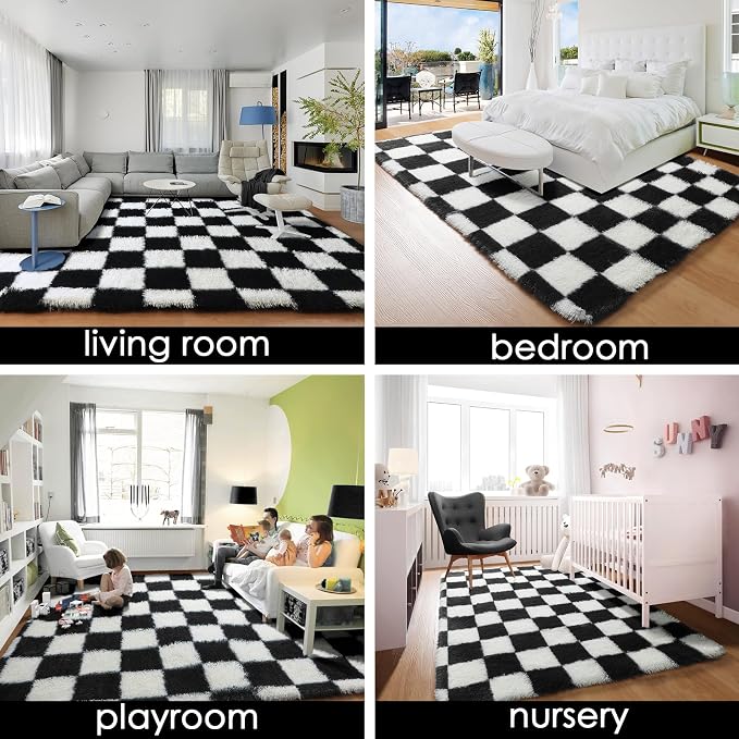 KICMOR 5x7 Rug for Living Room Bedroom, Fluffy Black and White Area Rug Fuzzy - Image 7