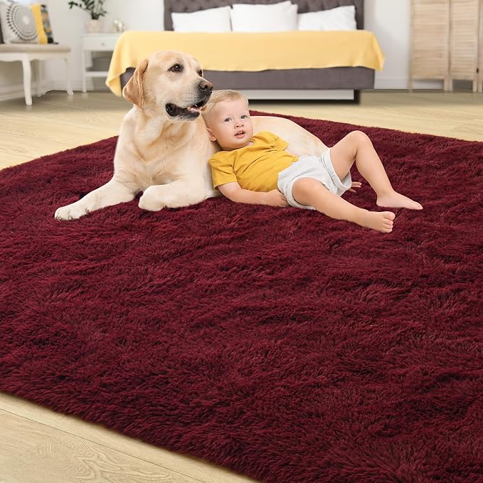 Tepook Fluffy Burgundy Rugs for Living Room, 8x10 Dark Red Area Rug for Bedroom - Image 4