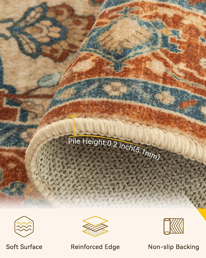 RELEANY Area Rugs 4'x6' Washable Non-Slip, Floral Vintage Distress Medallion - Image 3