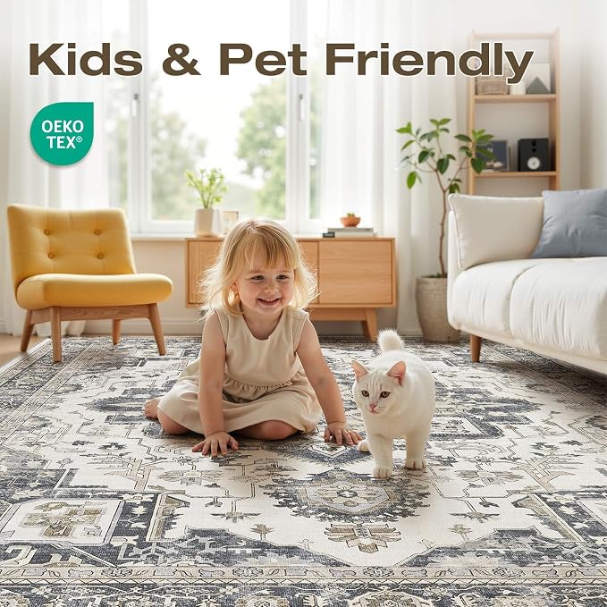 7x9 Washable Area Rugs for Living Room, Large Rug Non Slip Backing Vintage - Image 3