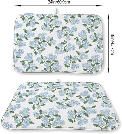Blue Green Dish Drying Mat 18x24 Inch Vintage Floral Hydrangea Flower Drying - Image 2